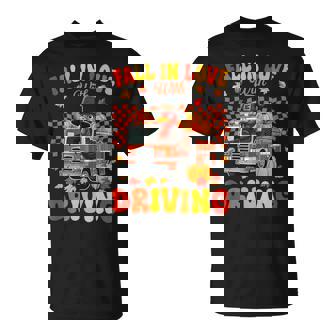Love Driving Thanksgiving Turkey On Fire Truck Fall Pumpkins T-Shirt | Mazezy