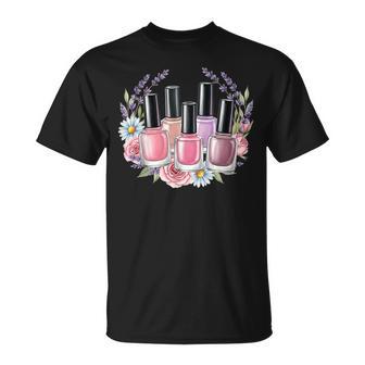Manicurist Nail Tech Floral Nail Polish Bottles Flower Women T-Shirt | Mazezy