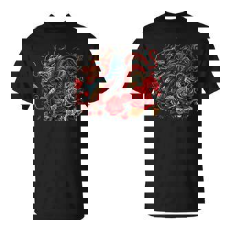 Masque D'anime Japonais Kitsune Dragon Chinois Avec Rose T-Shirt - Cadeauxyz