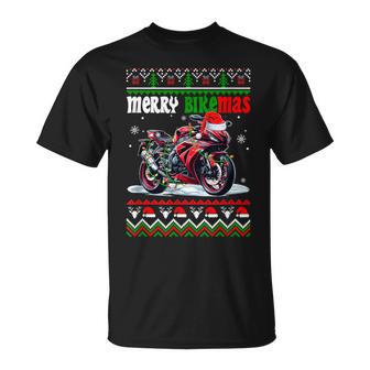 Merry Christmas Sweater Santa Motorbike Colorful Lights T-Shirt | Mazezy