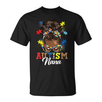 Messy Bun Hair Black Afro Autism Nana Autism Awareness T-Shirt | Seseable UK