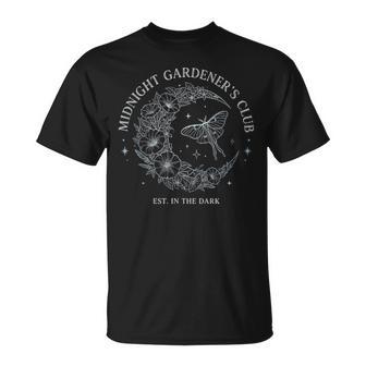 Midnight Gardener's Club Moon Flower Moth Celestial Gardenin T-Shirt | Mazezy