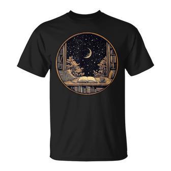 Moon Book Bookshelf Library Coffee Cup Star Stars Pattern T-Shirt - Thegiftio