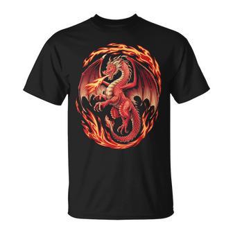 Mythical Red Dragon Breathes Fire On Clouds Boy Girl Dragon T-Shirt - Monsterry