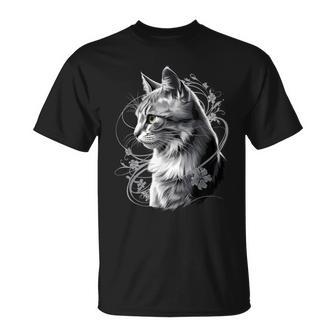 Oeuvre D'art Chat Et Fleur Portrait Artistique Chat Amoureux Des Chats T-Shirt - Cadeauxyz