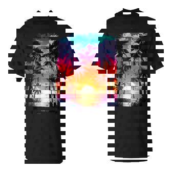 Orange And Aqua Sunset With Silhouetted Palm A Trees Beach T-Shirt - Monsterry