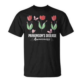 Parkinson's Disease Awareness Month Red Tulips Butterfly T-Shirt | Mazezy