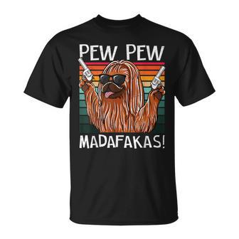 Pekingese Pew Pew Dogintage Retroonnenuntergang Hunde Waffen Nerd T-Shirt - Seseable