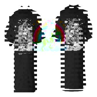 Rainbow Unicorn Riding T Rex Dinosaur Boys Girls Women T-Shirt | Seseable UK