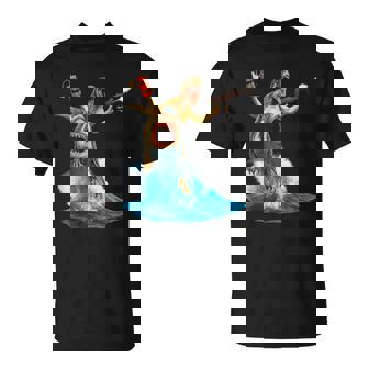 Raptor Riding Shark Dinosaur Meme Art T-Shirt | Mazezy