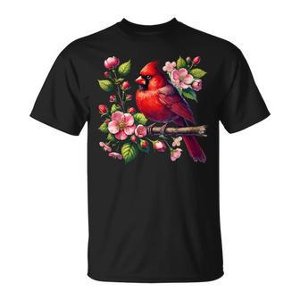 Red Cardinal Floral Cute Birdwatcher Bird Lover Birder T-Shirt - Seseable
