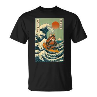Red Panda Samurai Surfing Japanese Wave T-Shirt - Seseable