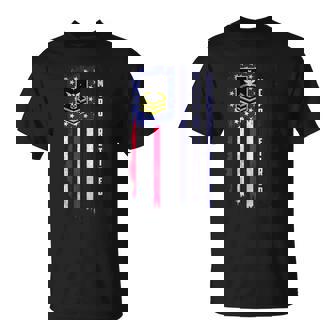 Retired E-9 Master Chief Petty Officer Rank American Flag T-Shirt | Mazezy