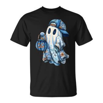 Retro Halloween Blue Denim Ghost Patchwork Spooky Season T-Shirt - Thegiftio UK