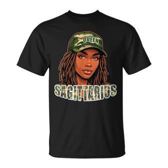 Sagittarius Queen Camo Hat Locs Birthday Black Woman T-Shirt | Mazezy