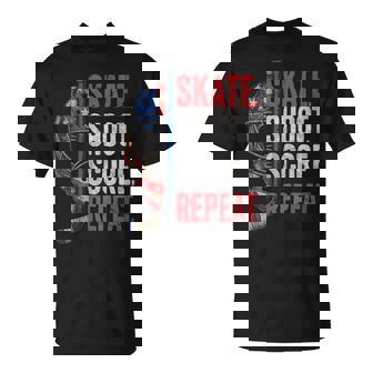 Skate Shoot Score Repeat American Hockey America USA Flag T-Shirt | Mazezy