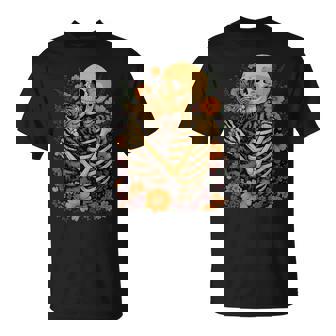 Skeleton Hugging Cat Floral Halloween Cats Lover T-Shirt - Thegiftio