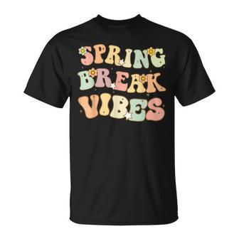 Spring Break Vibes Teacher Groovy Floral Vacation T-Shirt | Mazezy