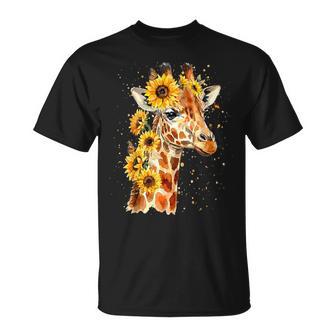 Sunflower Giraffe Cute Floral Safari Animal T-Shirt - Seseable