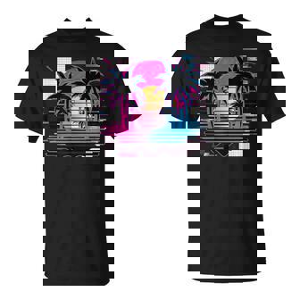 Synthwave Retro Vaporwave Palm Sunset Tv Glitch T-Shirt - Thegiftio