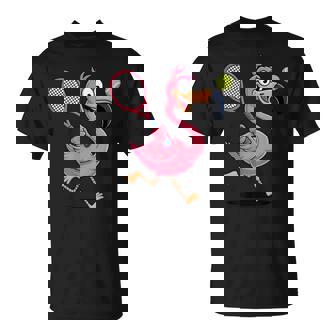 Tennis Flamingo Cartoon With Racket And Ball Fun T-Shirt | Mazezy