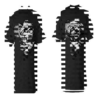 Tennis Puppy With Sunglasses And Racket Dog T-Shirt | Mazezy