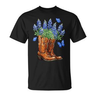Texas Independence Day Cowgirl Boots & Bluebonnet Flowers T-Shirt - Seseable