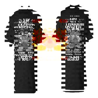 Thankful Grateful Blessed Happy Thanksgiving Pumpkin Turkey T-Shirt - Monsterry