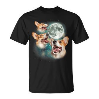 Three Corgi Moon 3 Cute Corgi Pups Howling Dog Meme Canine T-Shirt - Thegiftio