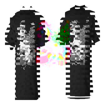 Unicorn Christmas Tree Lights Xmas Girls T-Shirt | Mazezy