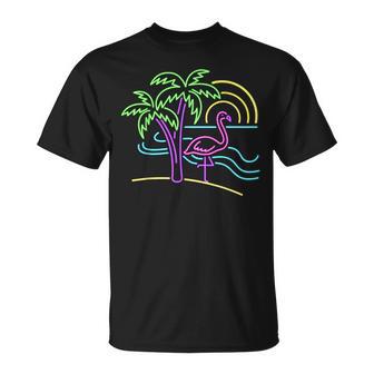 Vintage 80S Pink Flamingo Palm Tree Summer Vacation Beach T-Shirt - Monsterry