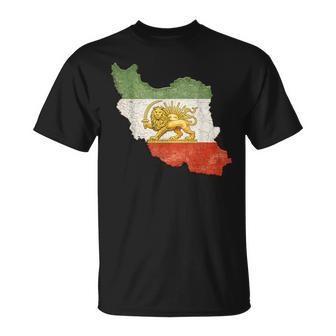 Vintage Persia Lion And Sun Flag Iran Map Heritage T-Shirt - Monsterry