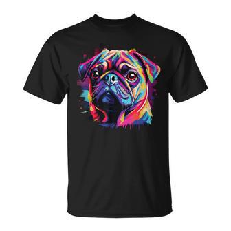 Wasserfarben Farbenfroher Mops Hunde T-Shirt - Seseable