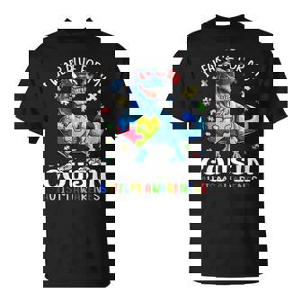 I Wear Blue For My Cousin Autism Awareness Dinosaur T Rex T-Shirt - Thegiftio