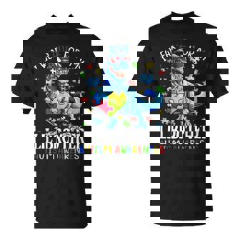 I Wear Blue For My Lil Brother Autism Awareness Dinosaur T-Shirt - Thegiftio