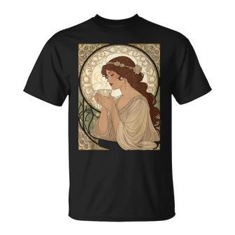 コーヒー好きのミュシャ風のアールヌーボー Tシャツ - Kawaiitshirt