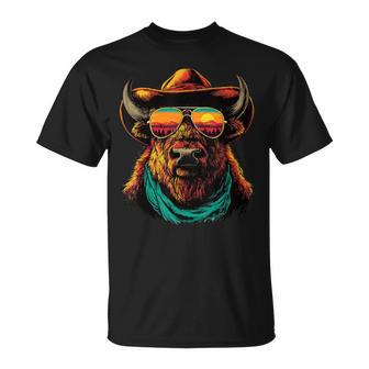 サングラス カラフル バイソン カウボーイ 動物 夕日 ウエスタン Tシャツ - Kawaiitshirt