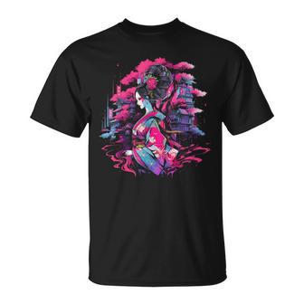 桜と芸者、サイバーパンク・イラストレーション Tシャツ - Kawaiitshirt