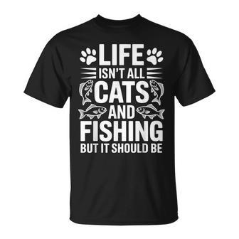 猫と釣り漁師 おもしろ釣り Tシャツ - Kawaiitshirt