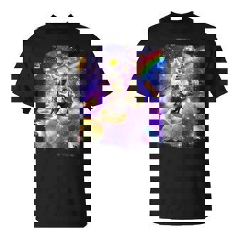 虹銀河のホットドッグに乗る宇宙の猫 Tシャツ - Kawaiitshirt