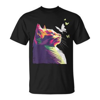 蝶と美しいカラフルな猫、パープル Tシャツ - Kawaiitshirt