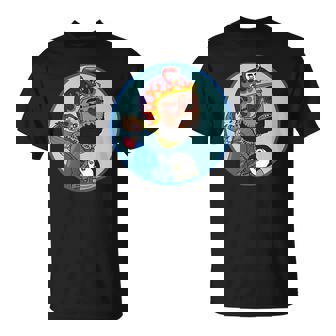 赤ちゃんをおんぶしたファンキー男 ハート型のサングラス ミニダルマ ヒゲ ファイヤーパターンのヘルメット Tシャツ - Kawaiitshirt