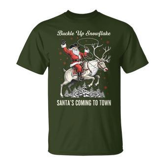 Buckle Up Snowflake Santa’S Coming To Town Western T-Shirt - Thegiftio UK