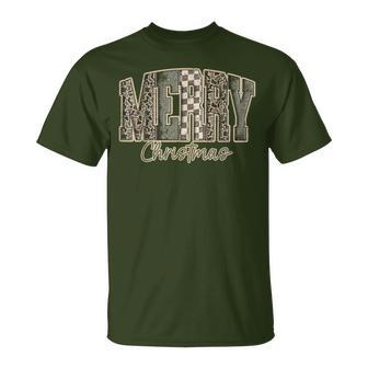Camo Checkered Merry Christmas Holiday Family Xmas T-Shirt - Thegiftio