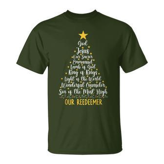 Christian Christmas Bible Verse Names Of Jesus Tree Shaped T-Shirt - Thegiftio UK