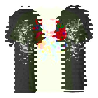 Santa Cat Riding Dinosaur Xmas Lights T-Shirt - Monsterry