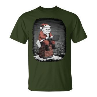 Santa Persian Cat On Chimney With Laptop Christmas T-Shirt - Thegiftio UK