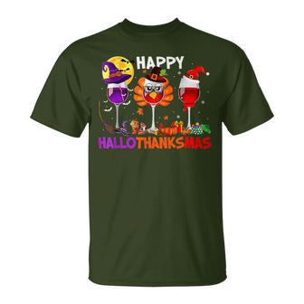 Happy Hallothanksmas Wine Glass Turkey Santa Drinking T-Shirt - Thegiftio UK