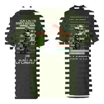 Meowy Christmas Black Cat Santa Hat Ugly Sweater T-Shirt | Mazezy