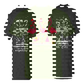 Merry Christmas Flamingo Santa Hat Lights Snow T-Shirt | Mazezy